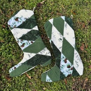 Pair of Handmade White and Green Quilted Cowboy Boot Stockings